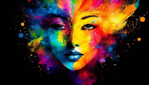 Abstract vibrant colorful background texture with a face silhouette. black background.