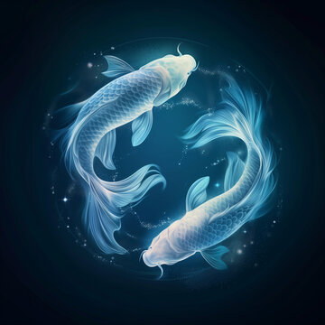 Piscis zodiac symbol with lighting blue fish swimming in circles