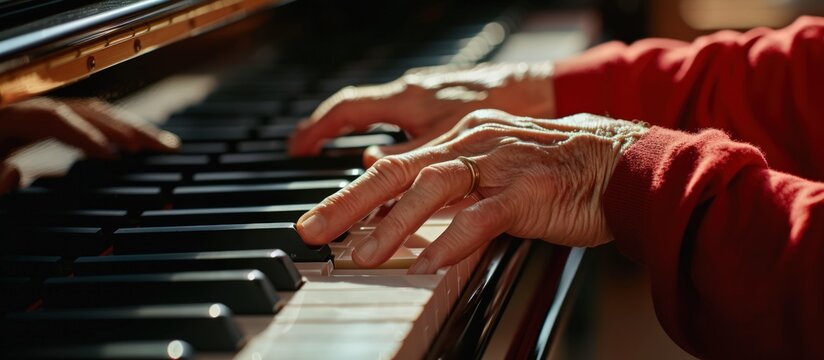 Close up experienced master piano hand helps the student to make good pianist. AI generated image