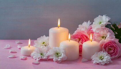 Candles burning on pink background. 