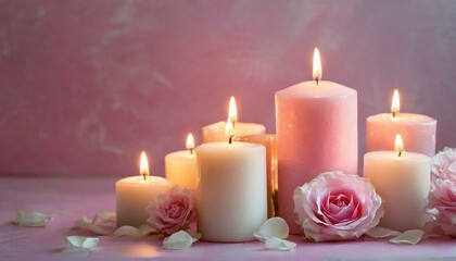 Obraz na płótnie Canvas Candles burning on pink background.