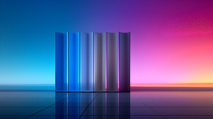 Neon Gradient Columns on Reflective Surface with Vibrant Sunset Background with Copy Space