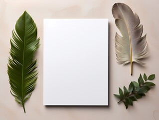blank white card mockup with flower and botanical background