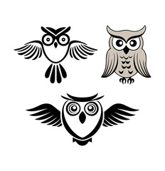 A set of iconic illustrations of cute owls facing forward, this nocturnal bird silhouette vector is a flight design minimalistic style isolated on white background.