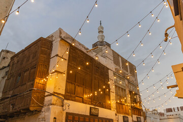 Lights strung across the street near the Al Shafei Mosque in the Al Balad historical district.