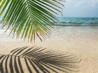 Palm leaf shadow on the sand of the beach. Summer Background.