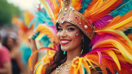 Cercles muraux Carnaval A young woman dressed as a carnival with feathers has fun generative ai