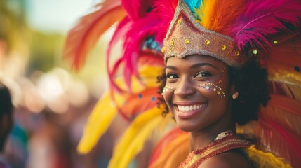 A young woman dressed as a carnival with feathers has fun generative ai