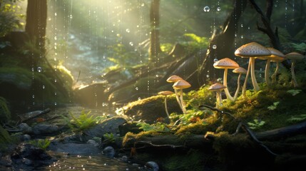View of mushroom growing on mossy roots in tropical rainforest, with morning sunlight.