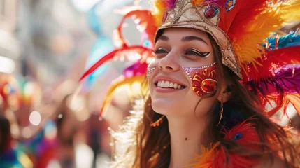 Photo sur Plexiglas Carnaval A young woman dressed as a carnival with feathers has fun generative ai
