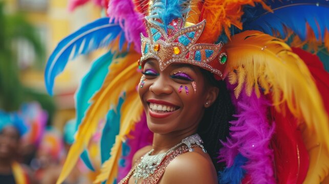 A young woman dressed as a carnival with feathers has fun generative ai