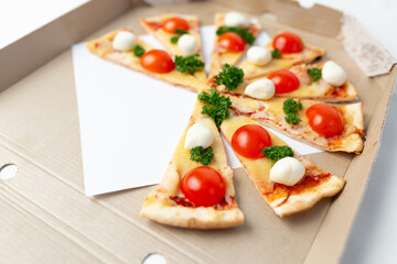 pizza with mozzarella cheese and cherry tomatoes. pizza close up