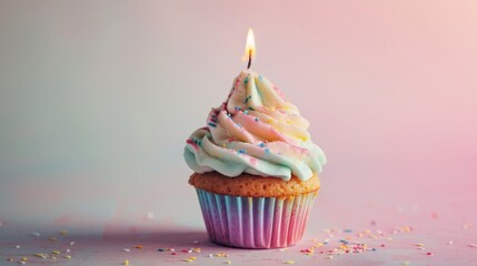 Adorable cupcake featuring a pastel-colored frosting palette and a single candle generative ai