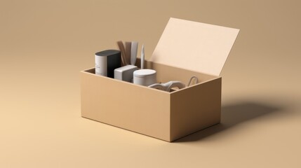 Cardboard box with items inside, in brown background.