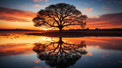 A large tree reflected in a still body of water at sunset with a colorful sky in the background