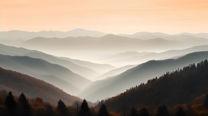 Autumn Mountain Landscape at Sunset with Mist and Layered Hills