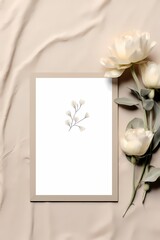 invitation or greeting card mockup with flowers on top with beige background