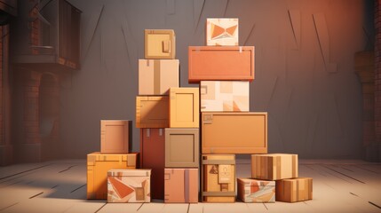 Stack of brown cardboard boxes., Packages of goods in delivery service warehouse. Blank background.
