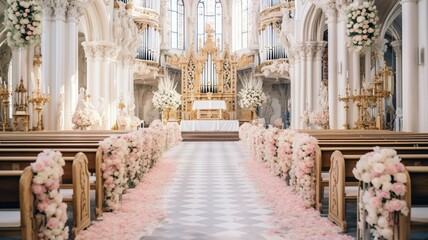 Fototapeta premium Flowers covering church pews before wedding