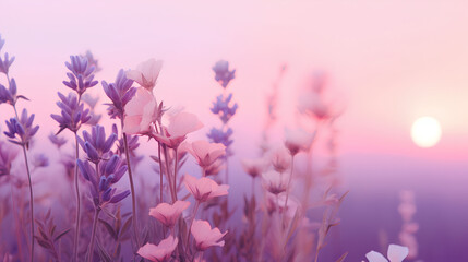 Wildflowers at sunset in pink pastel. - obrazy, fototapety, plakaty