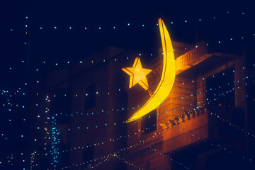 Ramadan Hilal Crescent on house balcony. Ramadan Kareem Fasting Month