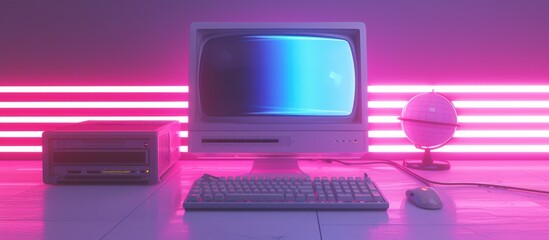 Rendering 3d old desktop computer with Keyboard and Mouse in Neon Lightning background. AI generated - obrazy, fototapety, plakaty