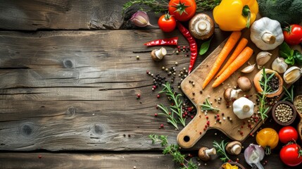 Food cooking background, ingredients for preparation vegan dishes, vegetables, roots, spices, mushrooms and herbs. Old cutting board. Healthy food concept - generative ai - obrazy, fototapety, plakaty