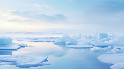 Fototapeta na wymiar Icebergs floating in glacier lake at sunset in Antarctica, arctic landscape and blue sky.