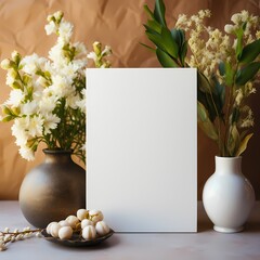 blank greeting card mockup with flowers in top view