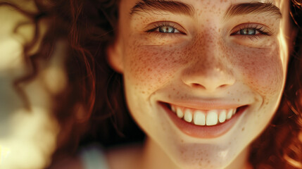 Close-up of a freckled girl smiling warmly with sunlit hair.