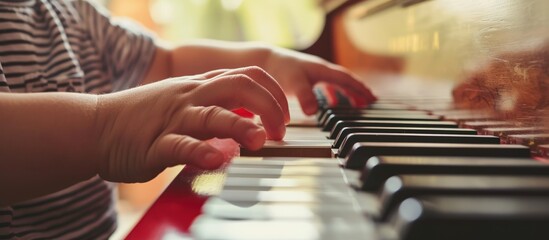 Father and her son learning piano together at home. AI generated image