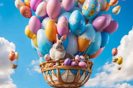 Illustration of easter bunny with Easter eggs flying in hot air balloon