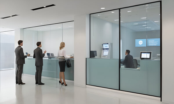 Bank office interior:Bank clerks sit behind barrier with glass, ATM or cash machine,  Raster illustration