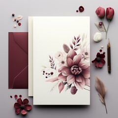 set of blank invitation card on dining  table with floral and leaves decoration in burgundy red  theme