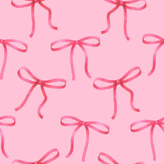 Cute thin pink bows on light pink background seamless pattern. Girly girl, coquette aesthetic