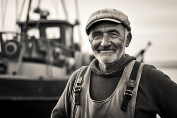 Professional industrial nordic fisherman or sailor on the ship in the fishing harbor. Happy smiling male fisher in scandinavian port. Commercial fishing concept