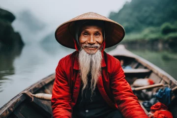 Photo sur Plexiglas Guilin Traditional asian fisherman or sailor on the ship in the fishing harbor. Happy smiling male Vietnam fisher in port. Cultural fishing concept