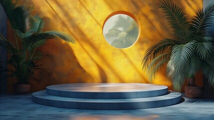 3d render mockup podium stand table shelf. Blue yellow abstract background. Palm tree leaf shadow. Nature. Yellow blue. Design beauty product cosmetics. Wall stage room studio. Design concept. Creativ