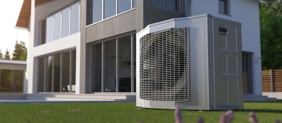 Air conditioner on outdoor side wall on modern house. AI generated image