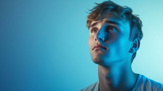 young man in a contemplative pose, surrounded by a cool blue background, generative ai
