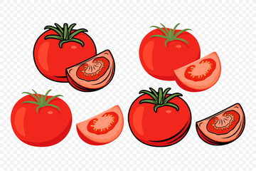 Flat Vector Fresh Tomato Icon Set Isolated. Whole and Quartered Tomatoes Design Templates for Recipes, Menus, Culinary. Organic Tomato Clipart, Logo, Front View