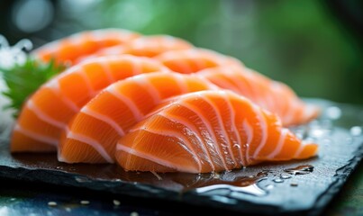 Raw fresh salmon sashimi served on black plate, Japanese food style