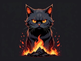a cat with an angry gaze, with a fire effect, very detailed t-shirt design, flat cartoon