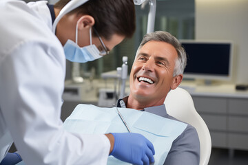 Fototapeta premium Portrait of smiling male patient sitting in dental chair while dentist examining his teeth