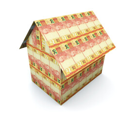 Origami house with money. 20 reais banknotes, Brazilian currency. 3D render.