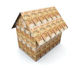 Origami house with money. 50 reais banknotes, Brazilian currency. 3D render.