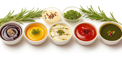 A vibrant display of six different gourmet sauces in white bowls, garnished with fresh herbs and spices, isolated on a white background