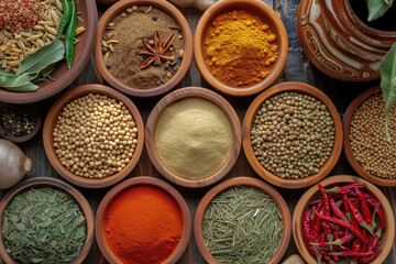 Fototapeta premium A variety of colorful spices neatly arranged in wooden bowls, showcasing the diversity and richness of flavors from around the world.