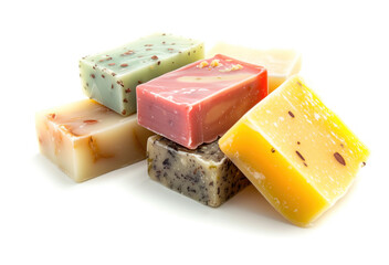 An array of six vibrant, handmade soaps with various natural ingredients, displayed against a pristine white backdrop.