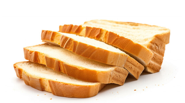A close-up image of bread with a golden crust. The fresh slices are neatly stacked and isolated on a white background. This image showcases the texture and detail of the bread.